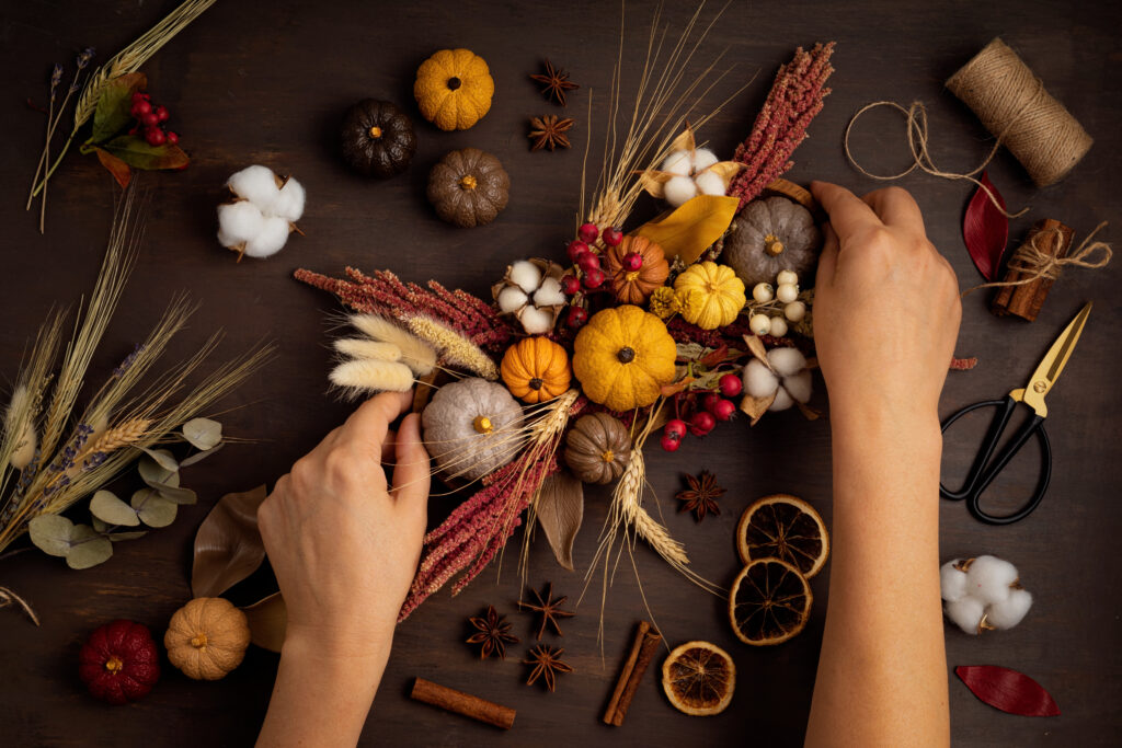 Diy rustic autumn table decoration. Floral interior decor for fall holidays
